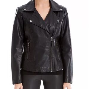 Max Studio Women’s Black Faux Leather Moto Jacket Zip Closure Size Large
